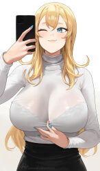 Rule 34 | 1girl, ;), artist name, black skirt, blonde hair, blush, bra visible through clothes, breasts, claire lamund (nhaliz), cleavage, finger between breasts, fingernails, highres, holding, holding phone, large breasts, long hair, looking at phone, mole, mole above eye, mole on breast, nail polish, nhaliz, one eye closed, original, paid reward available, patreon username, phone, see-through, see-through shirt, selfie, signature, simple background, skirt, smile, upper body, very long hair, watermark, web address