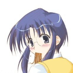 Rule 34 | 00s, 1girl, black eyes, blue eyes, blue hair, blush, ciel (tsukihime), eating, embarrassed, food, from behind, glasses, looking at viewer, looking back, matching hair/eyes, pasta, rimless eyewear, short hair, sidelocks, simple background, solo, spaghetti, tsukihime, vest, white background