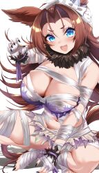 Rule 34 | 1girl, :3, absurdres, animal ears, antenna hair, black nails, blue eyes, breasts, brown hair, claw pose, cleavage, fang, fur collar, hair intakes, halloween costume, highres, horse ears, horse girl, horse tail, indian style, kawakami princess (umamusume), large breasts, long hair, maou (maoudaisukiya), mummy costume, nail polish, navel, open mouth, simple background, sitting, smile, solo, super creek (chiffon ribbon mummy) (umamusume), super creek (umamusume), tail, toenail polish, toenails, umamusume, white background