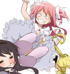 Rule 34 | 10s, 3girls, = =, akemi homura, angry, black hair, blonde hair, blood, blood stain, boots, censored, censored violence, clenched teeth, closed eyes, dress, drill hair, drop kick, flying kick, gloves, grabbing another&#039;s hair, hair ornament, hairband, kaname madoka, kicking, long hair, mahou shoujo madoka magica, mahou shoujo madoka magica (anime), mami mogu mogu, masochism, multiple girls, nosebleed, open mouth, pink footwear, pink hair, scowl, severed head, simple background, smile, snarl, spoilers, teardrop, tears, teeth, thigh boots, thighhighs, tomoe mami, two side up, ultimate madoka, white background, youkan