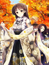 Rule 34 | 2girls, architecture, ashermes, autumn leaves, brown eyes, brown hair, dragon print, east asian architecture, fish, floral print, hair ribbon, japanese clothes, kimono, leaf, multiple girls, original, ribbon, scarf, scroll, sleeveless, smile, tattoo