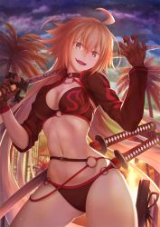 Rule 34 | 1girl, ahoge, bikini, black bikini, black gloves, black jacket, breasts, choker, cityscape, cleavage, cloud, cowboy shot, fate/grand order, fate (series), gloves, hair between eyes, hand up, holding, holding sword, holding weapon, jacket, jeanne d&#039;arc alter (swimsuit berserker) (fate), jeanne d&#039;arc (fate), jeanne d&#039;arc alter (fate), jeanne d&#039;arc alter (swimsuit berserker) (fate), katana, large breasts, light particles, long hair, looking at viewer, multiple swords, o-ring, o-ring bikini, outdoors, palm tree, red thighhighs, sheath, shrug (clothing), silver hair, single thighhigh, solo, sunset, swimsuit, sword, take tw01, thighhighs, tree, very long hair, weapon, yellow eyes