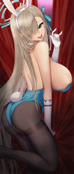 Rule 34 | 1girl, animal ears, ass, asuna (blue archive), asuna (bunny) (blue archive), back, bare shoulders, blue archive, blue eyes, blue leotard, blush, breasts, brown pantyhose, detached collar, elbow gloves, fake animal ears, gloves, hair over one eye, highleg, highleg leotard, highres, large breasts, leotard, light brown hair, long hair, looking at viewer, pantyhose, playboy bunny, rabbit ears, rabbit tail, satou daiji, smile, solo, tail, thighs, tongue, tongue out, white gloves