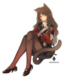 Rule 34 | 1girl, absurdres, animal ears, arknights, artist name, black dress, black footwear, black ribbon, blush, breasts, brown hair, brown pantyhose, cat ears, cat girl, cat tail, closed mouth, crossed legs, dress, ear piercing, gradient legwear, hand on own arm, high heels, highres, invisible chair, jacket, long hair, long sleeves, looking back, medium breasts, nanatsuka, neck ribbon, off shoulder, open clothes, open jacket, pantyhose, piercing, red eyes, red jacket, red pantyhose, ribbon, simple background, sitting, skyfire (arknights), solo, tail, very long hair, wavy hair, white background, wide sleeves