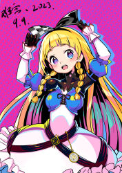 Rule 34 | 1girl, absurdres, alyce (dohna dohna), arms up, black bodysuit, black gloves, blonde hair, blue eyes, blush, bodysuit, bodysuit under clothes, bow hairband, braid, checkered clothes, checkered headwear, commentary request, cross-laced clothes, cross-laced dress, dohna dohna issho ni warui koto o shiyou, dress, gloves, hairband, heterochromia, highres, long hair, looking at viewer, nangong (skarndrnjs), onono imoko (style), open mouth, pink eyes, pocket watch, side braids, smile, solo, very long hair, watch