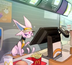 Rule 34 | blush, burger, colored sclera, creatures (company), espeon, espeon (orange unite), fast food, food, forehead jewel, forked tail, french fries, game freak, gen 2 pokemon, hat, marychic, mcdonald&#039;s, nintendo, pokemon, pokemon (creature), pokemon unite, purple sclera, sidelocks, sitting, sweat, tail, white eyes