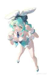Rule 34 | 1girl, 47ko, :d, absurdres, animal ears, aqua eyes, aqua footwear, aqua hair, aqua leotard, aqua nails, bare shoulders, bicute bunnies miku, blue bow, blue necktie, bow, breasts, cleavage, clenched hand, detached collar, double bun, ear bow, fake animal ears, fishnet pantyhose, fishnets, from above, full body, fur armlet, fur collar, fur cuffs, hair bun, hands up, hatsune miku, highres, index finger raised, leaning forward, legs apart, leotard, looking at viewer, lower teeth only, medium breasts, necktie, open mouth, pantyhose, playboy bunny, rabbit ears, short necktie, simple background, smile, solo, standing, strapless, strapless leotard, teeth, tongue, vocaloid, weibo logo, weibo watermark, white background, wrist cuffs