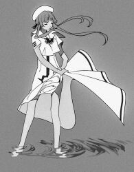 Rule 34 | 1girl, aria (manga), aria company uniform, braid, closed eyes, full body, grey background, greyscale, highres, long hair, monochrome, puddle, solo, suiso (owp), twin braids, water