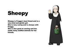 Rule 34 | 1girl, ^ ^, black footwear, bucket, character profile, closed eyes, diva (hyxpk), english text, freckles, grey hair, habit, highres, holding, holding bucket, little nuns (diva), nun, sheep nun (diva), simple background, smile, solo, waving, white background