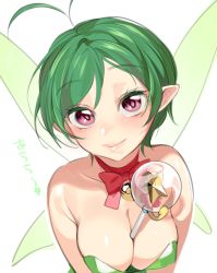 Rule 34 | 1girl, absurdres, alala, antenna hair, bad id, bad twitter id, bare shoulders, between breasts, breasts, colored eyelashes, fairy wings, green hair, highres, looking at viewer, mermaid melody pichi pichi pitch, neck ribbon, ohisashiburi, pink eyes, pointy ears, red ribbon, ribbon, short hair, simple background, smile, solo, star (symbol), upper body, wand, white background, wings