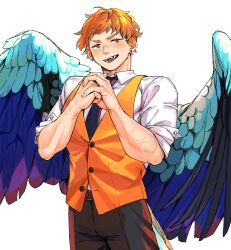 Rule 34 | 1boy, absurdres, bird boy, bird tail, blue hair, blue wings, brown pants, collared shirt, cowboy shot, earrings, fangs, feathered wings, fist in hand, freckles, hands up, highres, jewelry, looking at viewer, male focus, multicolored hair, open mouth, orange eyes, orange hair, orange vest, original, pants, rramarukun, shirt, short hair, simple background, solo, standing, streaked hair, tail, veins, very short hair, vest, white background, white shirt, wings