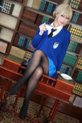Rule 34 | 10s, 1girl, arm at side, bad id, bad twitter id, black necktie, black pantyhose, blonde hair, blue eyes, blue skirt, blue sweater, book, bookshelf, carpet, closed mouth, collared shirt, commentary request, cosplay, cosplay photo, crossed legs, cup, darjeeling (cosplay), darjeeling (girls und panzer), dutch angle, emblem, feet, girls und panzer, hair between eyes, highres, holding, holding cup, indoors, lips, long sleeves, looking at viewer, necktie, no shoes, on table, pantyhose, photo (medium), saucer, school uniform, shirt, short hair, skirt, smile, solo, st. gloriana&#039;s (emblem), st. gloriana&#039;s school uniform, sweater, table, wing collar, wooden floor