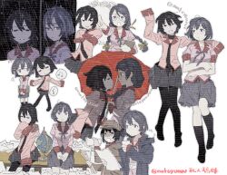 black_eyes black_hair bob_cut hanekawa_tsubasa highres holding holding_umbrella ma_fu monogatari_(series) multiple_views musical_note oshino_ougi purple_eyes purple_hair rain school_uniform spoken_musical_note umbrella white_background