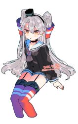 Rule 34 | 1girl, amatsukaze (kancolle), brown dress, brown eyes, commentary, cropped legs, dress, eto (etonomemo1008), feet out of frame, garter straps, grey hair, grey neckerchief, hair tubes, hat, invisible chair, kantai collection, lifebuoy ornament, long hair, mini hat, neckerchief, red thighhighs, sailor dress, short dress, simple background, sitting, smokestack hair ornament, solo, striped clothes, striped thighhighs, symbol-only commentary, thighhighs, two side up, white background