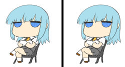 Rule 34 | 1girl, aqua hair, big head, blew andwhite, blue eyes, brown footwear, chair, character request, chibi, commentary request, crossed arms, crossed legs, expressionless, flat color, full body, gloves, graphite (medium), grey skirt, half-closed eyes, jitome, kantai collection, looking at viewer, miniskirt, no mouth, no nose, no pupils, pleated skirt, recurring image, short sleeves, simple background, sitting, sketch, skirt, traditional media, white background, white gloves, white legwear