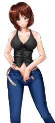 Rule 34 | 1girl, bad id, bad pixiv id, bare shoulders, belt, blastbeat, blush, breasts, breasts apart, brown hair, cleavage, denim, jeans, large breasts, looking at viewer, midriff, no bra, open belt, open fly, original, pants, short hair, simple background, solo, unbuckled, undressing, unzipped, unzipping, white background, zipper