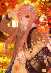 Rule 34 | 1girl, arm up, autumn, autumn leaves, bag, bag charm, blue skirt, bow, brown coat, brown eyes, charm (object), coat, collared shirt, commentary request, cu chulainn (fate), day, fate/grand order, fate (series), fur collar, hairband, hand in pocket, head tilt, highres, kaina (tsubasakuronikuru), long hair, long sleeves, looking at viewer, medb (fate), outdoors, parted lips, pink hair, shirt, skirt, smile, solo, tree, v, v-shaped eyebrows, very long hair, white bow, white hairband