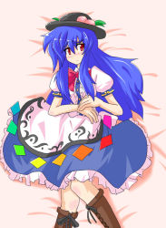Rule 34 | 1girl, bed sheet, blue hair, blush, boots, cross-laced footwear, female focus, food, fruit, harukatron, hat, hinanawi tenshi, lace-up boots, long hair, lying, on back, peach, red eyes, solo, touhou
