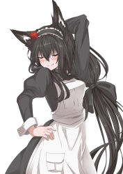 Rule 34 | 1girl, absurdres, alternate costume, animal ears, apron, arm behind head, arm up, black dress, black hair, blush, closed eyes, commentary request, dress, enmaided, flower, fox ears, fox girl, hair between eyes, hand on own hip, headdress, highres, hololive, kurokami fubuki, long hair, maid, micon, red flower, red rose, rose, sidelocks, simple background, smile, solo, very long hair, virtual youtuber, white apron, white background