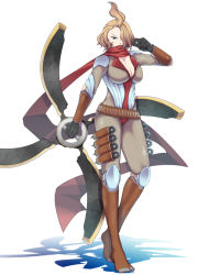 Rule 34 | 1girl, ahoge, aqua eyes, black gloves, bodysuit, bracer, breasts, brown legwear, cleavage, ebi (il14021), full body, gloves, hair over one eye, holding, holding weapon, knee pads, kunai, light brown hair, original, red scarf, scarf, shadow, sheath, sheathed, simple background, solo, standing, weapon, white background