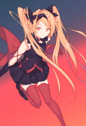 Rule 34 | 1girl, arm behind back, arm ribbon, black background, black bow, black dress, black gloves, blonde hair, bow, bow hairband, closed mouth, dress, elbow gloves, fifuth, gloves, gradient background, hairband, heel up, highres, long hair, looking at viewer, original, pleated skirt, red background, red eyes, red ribbon, red thighhighs, ribbon, skirt, solo, thighhighs, twintails, two-tone background, zettai ryouiki
