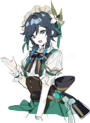 Rule 34 | 1boy, alternate costume, black hair, blue hair, bow, braid, flower, genshin impact, green eyes, hair between eyes, hair flower, hair ornament, maid headdress, male focus, multicolored hair, open hand, open mouth, simple background, sketch, smile, solo, striped, striped bow, tkt (tango 0906), venti (genshin impact), vision (genshin impact), white background, white flower