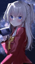 Rule 34 | 1girl, absurdres, blue eyes, blush, bow, bowtie, camcorder, charlotte (anime), commentary request, from side, highres, holding camera, hoshinoumi academy school uniform, long hair, long sleeves, looking at viewer, night, night sky, open mouth, outdoors, red serafuku, sailor collar, school uniform, serafuku, sidelocks, silver hair, sky, solo, standing, star (sky), starry sky, tomori nao, twintails, upper body, video camera, yellow bow, yellow bowtie, yuteke key