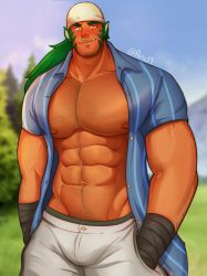 Rule 34 | 1boy, abs, alternate pectoral size, animal ears, arm hair, bad id, bad twitter id, bara, bare pectorals, beard, blue shirt, blush, bulge, casual, cat boy, cat ears, chest hair, cowboy shot, dark-skinned male, dark skin, facial hair, fang, fire emblem, fire emblem: path of radiance, green hair, groin, hairy, highres, joonbean, large pectorals, long hair, male focus, mature male, muarim (fire emblem), muscular, muscular male, navel, navel hair, nintendo, nipples, nose piercing, nose ring, open clothes, open shirt, pants, pectorals, piercing, shirt, sideburns, smile, solo, stomach, stubble, thick eyebrows, thick thighs, thighs, white pants