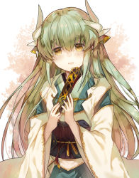 Rule 34 | 1girl, :d, commentary request, hand fan, fate/grand order, fate (series), folding fan, green hair, horns, japanese clothes, kazutake hazano, kimono, kiyohime (fate), long hair, looking at viewer, obi, open mouth, sash, smile, solo, yellow eyes