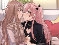 Rule 34 | 2girls, after kiss, aoki shizumi, blush, breasts, brown eyes, brown hair, cleavage, cleavage cutout, clothing cutout, commentary, couch, d4dj, eye contact, grey hair, hair between eyes, hand on another&#039;s head, highres, holding hands, jewelry, kiss, light brown hair, living room, long hair, looking at another, medium breasts, multicolored hair, multiple girls, necklace, plant, saliva, saliva trail, shinomiya kokoa, skirt, sweat, sweatdrop, sweater, tendo hayate, two-tone hair, unzipping, yuri, zipper