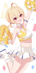 Rule 34 | absurdres, blonde hair, blue archive, cheerleader, hair between eyes, halo, highres, holding, holding pom poms, kotori (blue archive), kuuuun0 0, millennium cheerleader outfit (blue archive), pom pom (cheerleading), pom poms, skirt, triangle halo, white skirt, yellow halo
