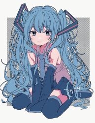 Rule 34 | 1girl, 3774., :|, aqua eyes, aqua hair, aqua necktie, arms between legs, black footwear, black skirt, black sleeves, boots, border, closed mouth, commentary, detached sleeves, dithered background, hatsune miku, highres, long hair, looking at viewer, loose necktie, messy hair, necktie, pleated skirt, shirt, sitting, skirt, sleeveless, sleeveless shirt, sleeves past fingers, sleeves past wrists, solo, straight-on, thigh boots, very long hair, vocaloid, wariza, wavy mouth, white background, white border, wing collar