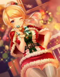 Rule 34 | 10s, 1girl, ;), ayase eli, bell, blonde hair, capelet, christmas, hair ornament, hand on own hip, looking at viewer, love live!, love live! school idol project, one eye closed, pekoo (pekota), ponytail, purple eyes, santa costume, short hair, smile, solo, striped clothes, striped thighhighs, thighhighs, vertical-striped clothes, vertical-striped thighhighs