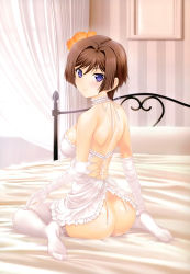 Rule 34 | 1girl, absurdres, aged down, ass, bare shoulders, bedroom, breasts, brown hair, choker, dimples of venus, dress, elbow gloves, feet, from behind, gloves, highres, indoors, lingerie, looking at viewer, miyata sou, muv-luv, muv-luv alternative, muv-luv total eclipse, no panties, no shoes, on bed, purple eyes, scan, short hair, sideboob, sitting, smile, solo, takamura yui, thighhighs, underwear, white dress, white gloves, white thighhighs