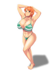 Rule 34 | 1girl, abs, ass, barefoot, bikini, blush, breasts, brown eyes, cleavage, curvy, feet, hip focus, huge breasts, large breasts, legs, nami (one piece), one piece, open mouth, orange hair, short hair, simple background, sitting, smile, solo, swimsuit, thick thighs, thighs, underboob, white background, wide hips