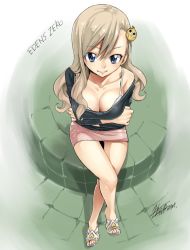 Rule 34 | 1girl, blonde hair, blue eyes, bra, breasts, cleavage, copyright name, crossed arms, eden&#039;s zero, hair ornament, hairclip, large breasts, crossed legs, long hair, looking at viewer, mashima hiro, miniskirt, official art, pink skirt, rebecca bluegarden, sandals, signature, sitting, skirt, smile, solo, underwear