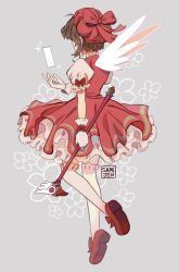 Rule 34 | 1girl, artist name, bow, brown hair, cardcaptor sakura, child, full body, gloves, highres, holding, holding wand, kinomoto sakura, looking at object, magical girl, pink footwear, red bow, sami jen, solo, wand, white gloves, wings