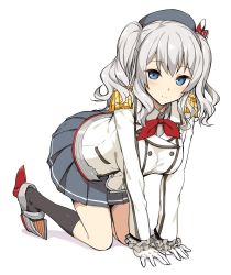 Rule 34 | 10s, 1girl, all fours, black socks, blue eyes, breasts, epaulettes, female focus, frilled sleeves, frills, gloves, hat, kantai collection, kashima (kancolle), kneehighs, large breasts, looking at viewer, military, military uniform, miniskirt, pleated skirt, silver hair, skirt, smile, socks, solo, takayaki, twintails, uniform, wavy hair, white background, white gloves