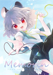 Rule 34 | 1girl, animal ear fluff, animal ears, biyon, black skirt, blush, cover, cover page, foreshortening, grey hair, hair between eyes, jewelry, looking at viewer, mouse ears, mouse tail, nazrin, open mouth, pendant, reaching, reaching towards viewer, red eyes, shirt, short hair, short sleeves, skirt, smile, solo, tail, touhou, white shirt