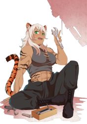 Rule 34 | 1girl, :d, abs, animal ears, boots, borrowed character, breasts, commentary, commission, english commentary, fang, green eyes, hand on floor, kapiten70, large breasts, long hair, muscular, muscular female, open mouth, original, pants, screwdriver, sitting, smile, solo, tail, tiger ears, tiger tail, toolbox, white hair, wrench