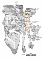 Rule 34 | bare shoulders, blonde hair, bra, character name, character request, chibi, commentary request, curly hair, full body, garter belt, highres, juubaori mashumaro, kantai collection, looking at viewer, original, outstretched arm, pale color, panties, rigging, short hair, simple background, sketch, thighhighs, underwear, underwear only, white background
