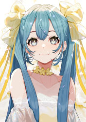 Rule 34 | 1girl, :3, absurdres, bare shoulders, blue eyes, blue hair, bow, closed mouth, collarbone, commentary, detached sleeves, eyelashes, flower, hair bow, hatsune miku, highres, long hair, long sleeves, looking at viewer, smile, solo, twintails, upper body, vocaloid, white background, yellow bow, yellow flower, yuu (higashi no penguin)