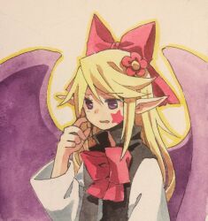 Rule 34 | 1girl, black vest, blonde hair, commentary request, elis (touhou), facial mark, flower, hair flower, hair ornament, hair ribbon, highres, kaigen 1025, long hair, long sleeves, open clothes, open mouth, open vest, outline, pointy ears, purple eyes, red flower, red ribbon, ribbon, shirt, simple background, solo, star (symbol), star facial mark, touhou, touhou (pc-98), traditional media, upper body, vest, white background, white shirt, yellow outline