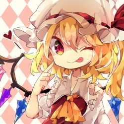 Rule 34 | ;p, argyle, argyle background, argyle clothes, ascot, blonde hair, crystal, flandre scarlet, frilled shirt collar, frills, hat, hat ribbon, heart, looking at viewer, mob cap, nikorashi-ka, one eye closed, puffy short sleeves, puffy sleeves, red eyes, red ribbon, ribbon, short sleeves, side ponytail, smile, solo, tongue, tongue out, upper body, wings