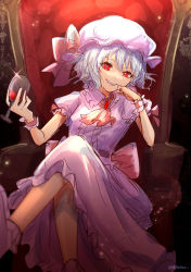 Rule 34 | 1girl, :d, absurdres, alcohol, artist name, ascot, back bow, blue hair, blurry, bobby socks, bow, breasts, bright pupils, brooch, commentary request, crossed legs, cup, dark background, depth of field, dress, drinking glass, ekisutora, feet out of frame, frills, glint, hand on own cheek, hand on own face, hands up, hat, highres, holding, holding cup, jewelry, light blue hair, looking at viewer, mob cap, one-hour drawing challenge, open mouth, puffy short sleeves, puffy sleeves, purple dress, red ascot, red eyes, remilia scarlet, short hair, short sleeves, simple background, sitting, small breasts, smile, socks, solo, throne, touhou, white pupils, white socks, wine, wine glass, wrist cuffs