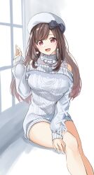 Rule 34 | 1girl, bare shoulders, black ribbon, blue sweater, blush, bow, breasts, brown eyes, brown hair, dot nose, earrings, hair bow, hair ribbon, hand up, hat, heart, heart necklace, highres, idolmaster, idolmaster shiny colors, jewelry, large breasts, long hair, long sleeves, looking at viewer, necklace, open mouth, pekoni (peconi), polka dot, ribbon, see-through, sitting, smile, solo, sweater, swept bangs, tsukioka kogane, white background, white hat, window