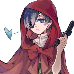 Rule 34 | 1boy, bishounen, blue eyes, blue hair, bow, capelet, ciel phantomhive, dark blue hair, dlynn1105, earrings, eyepatch, gun, hair over one eye, handgun, heart, holding, holding weapon, hood, hooded capelet, jewelry, kuroshitsuji, little red riding hood, open mouth, red bow, red capelet, shirt, short hair, simple background, solo, triangle mouth, weapon, white background, white shirt