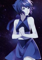 Rule 34 | 1girl, bare shoulders, blue eyes, blue hair, blue skin, blue theme, breasts, colored skin, gradient background, highres, lapis lazuli (steven universe), long hair, matching hair/eyes, own hands clasped, own hands together, sky, small breasts, solo, star (sky), starry sky, steven universe, tears, tsuyonn