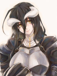 Rule 34 | 1girl, ahoge, albedo (overlord), armor, black hair, commentary, hair between eyes, horns, long hair, overlord (maruyama), simple background, smile, solo, upper body, user xgpy8228, yellow eyes