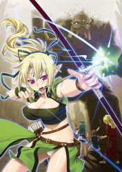 Rule 34 | 2boys, 2girls, arrow (projectile), belt, blonde hair, boots, bow (weapon), bracelet, breasts, bridal gauntlets, circlet, cleavage, cross, elf, gloves, golem, green hair, jewelry, large breasts, long hair, midriff, multiple boys, multiple girls, open mouth, original, panties, pelvic curtain, pointy ears, ponytail, pouch, priest, purple eyes, quiver, robe, sandals, shorts, single glove, skirt, staff, string panties, sword, tomomimi shimon, underwear, vest, weapon, white panties